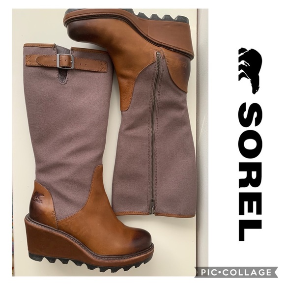 SOREL Leather Boots Tall Wedge Size 6 Winter Fall